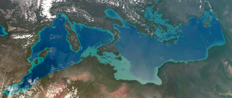 Recreación artística de la región mediterránea con el proyecto Atlantropa. Wikimedia Commons